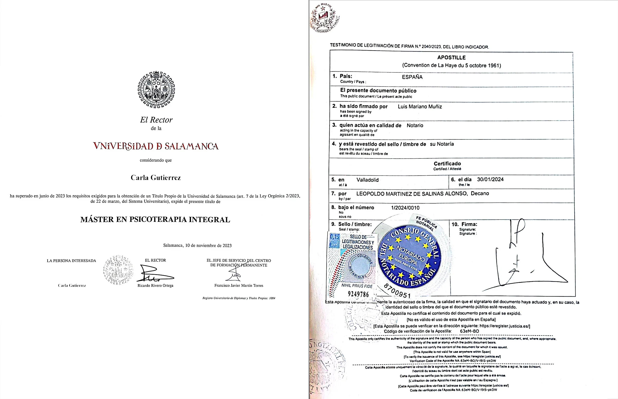 Título de Máster emitido por la Universidad de Salamanca, con su Apostilla de La Haya
